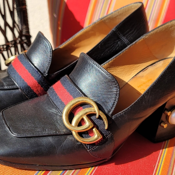 Gucci Black Peyton Loafer Pearl Heel Shoes Size 5 - Picture 13 of 16
